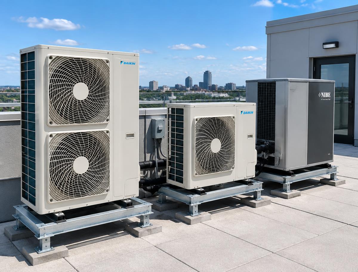 Groupes extérieurs de climatisation et pompe à chaleur installés en toiture